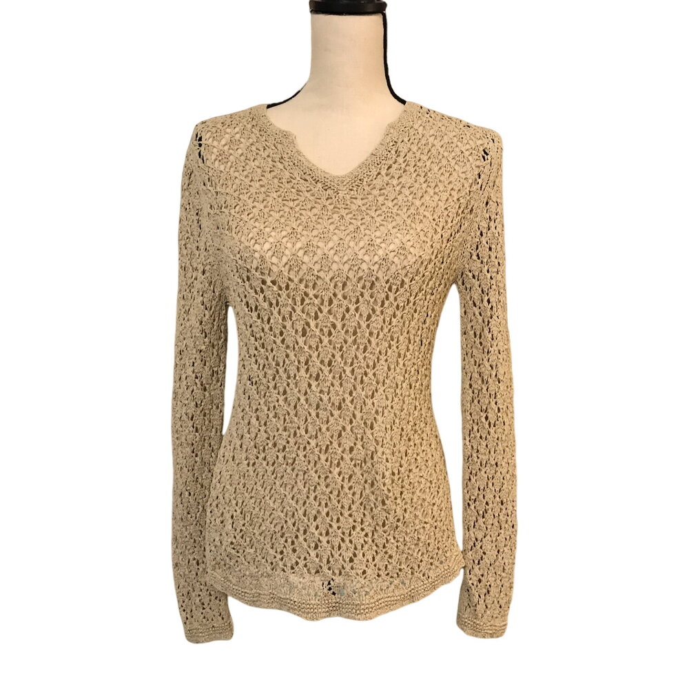 Madison Studio Women's Tan Silk Noil Blend Crocheted Sweater, Size Large